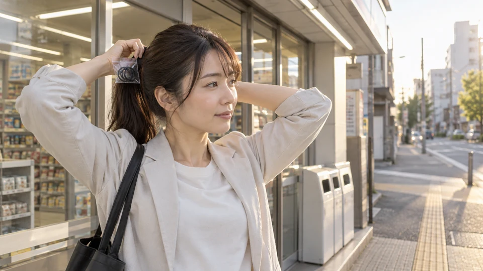 外出先で髪をまとめるために無地のヘアゴムを手にする人