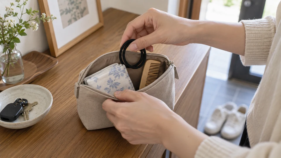 小さなポーチに予備のヘアゴムを入れる手元