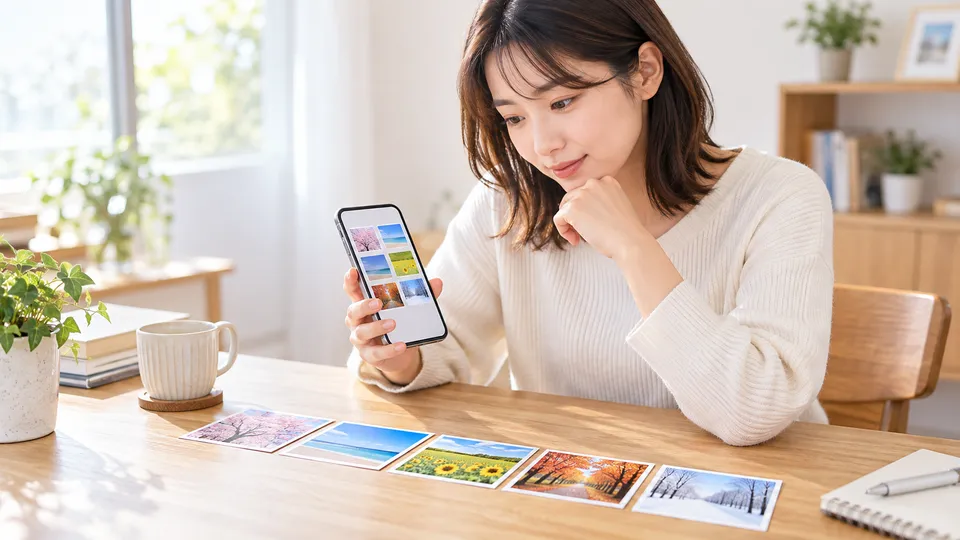 スマートフォンで写真の並び順を確認している様子