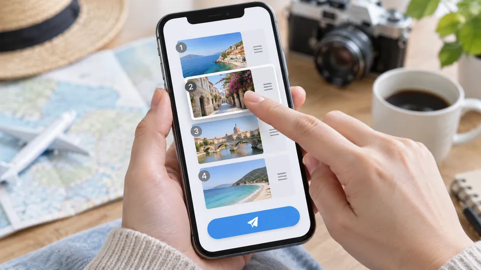 送信前に複数の写真の順番を確認するスマートフォン画面