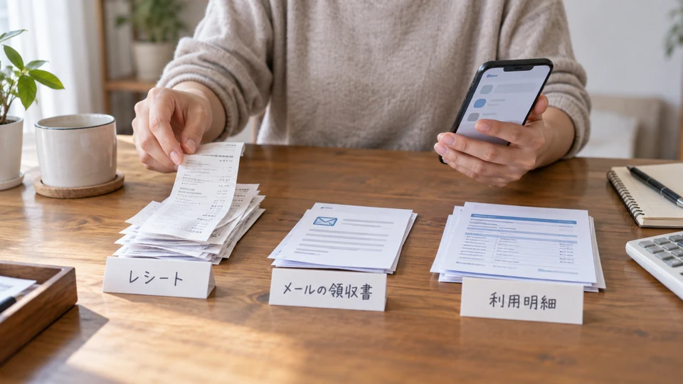 領収書と購入履歴を見比べて購入経路を分ける様子