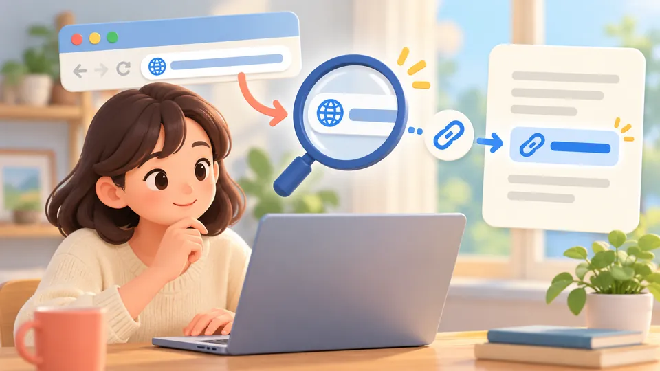 ブラウザのURLを確かめて文字列へリンクを設定する場面