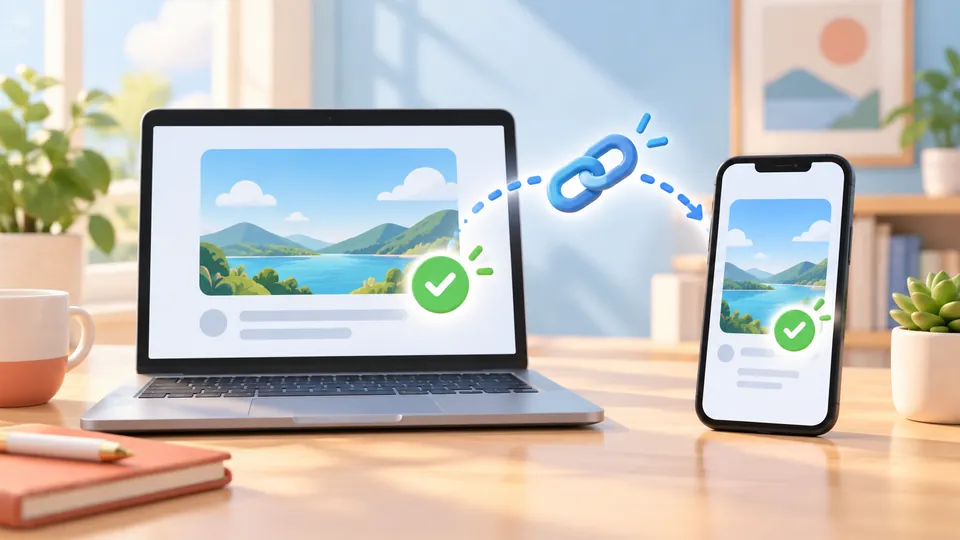 パソコンとスマートフォンでリンク先の表示を確かめる場面