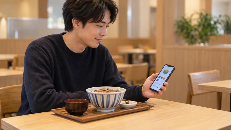 牛めしを前にスマートフォンの注文画面を確認する人