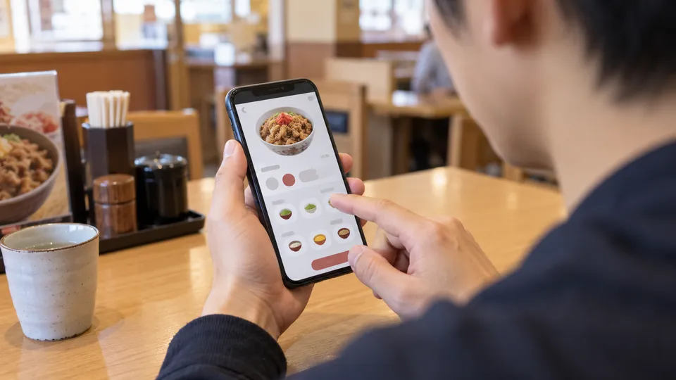 飲食店の席で牛めしのカスタマイズ画面を確認するスマートフォンと手元