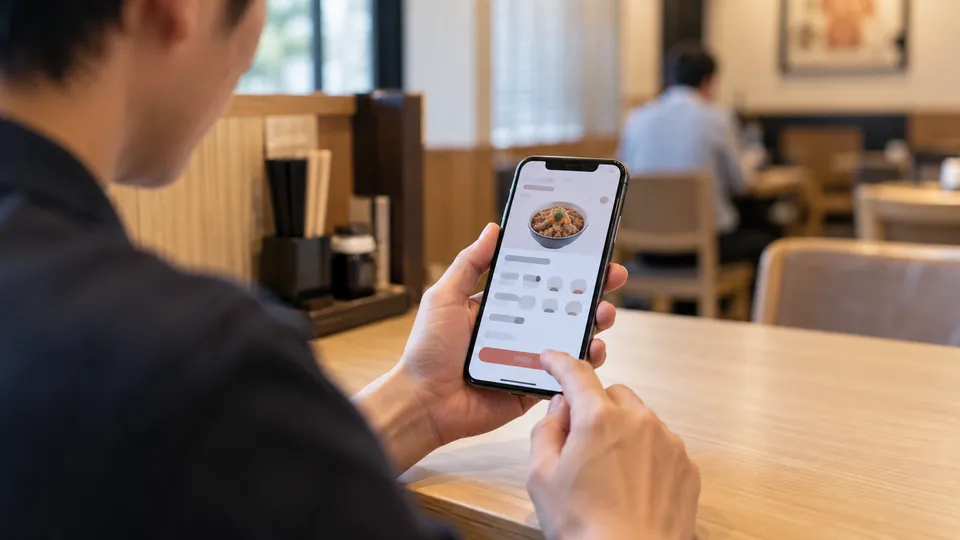 牛めしの注文内容を決済前にスマートフォンで見直す人の手元