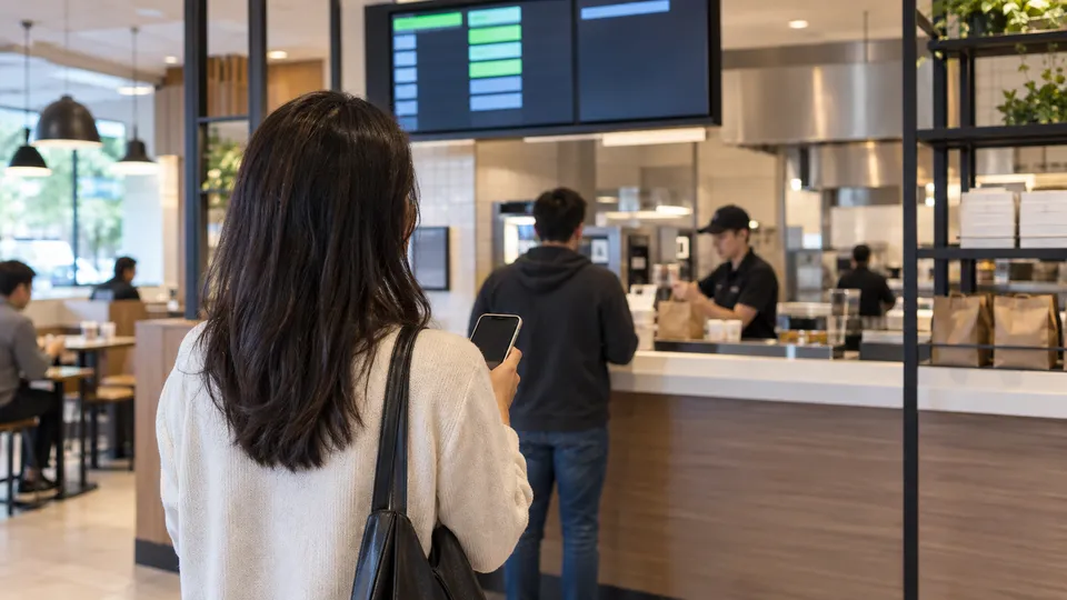 セルフサービスの飲食店で番号表示を見ながら受け取りカウンターへ向かう人