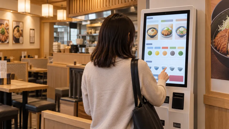 飲食店の券売機で牛めしを選んだ後の変更項目を確認する人