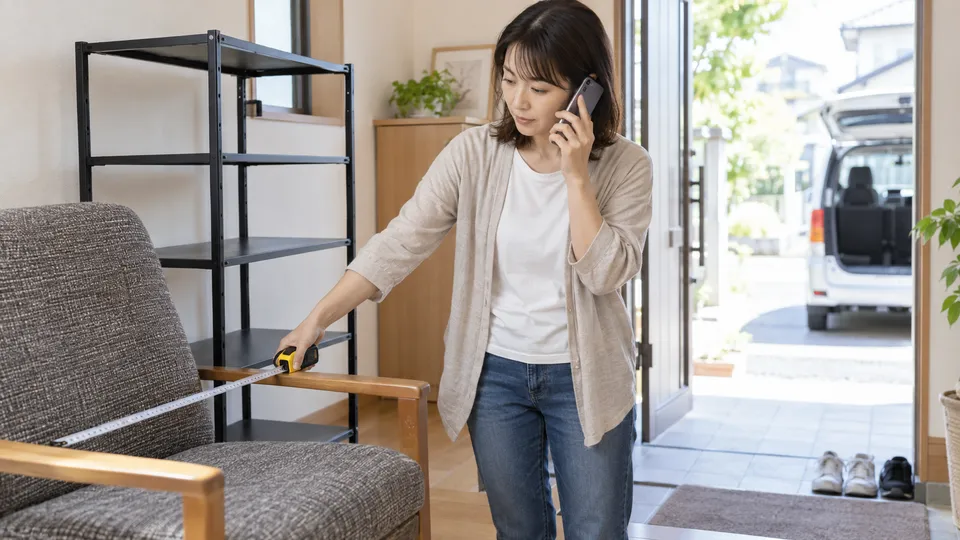 大型の椅子と棚を運ぶ前に寸法を測って電話確認する人