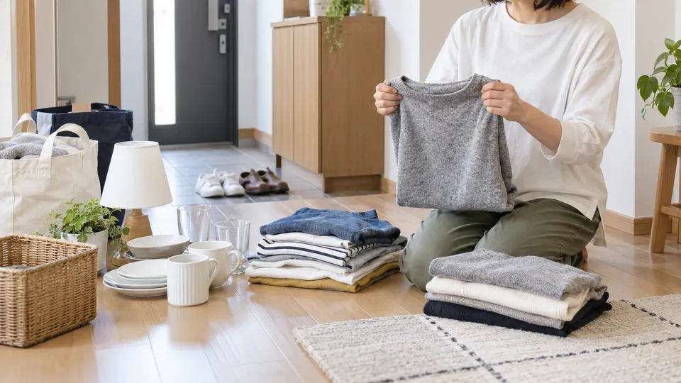 買取店へ持ち込む衣類と生活用品を自宅で仕分ける人