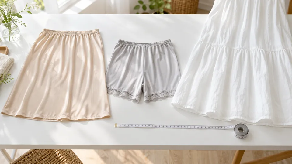 ベージュのスカート型とグレーのペチパンツを白い服の横で比べる様子