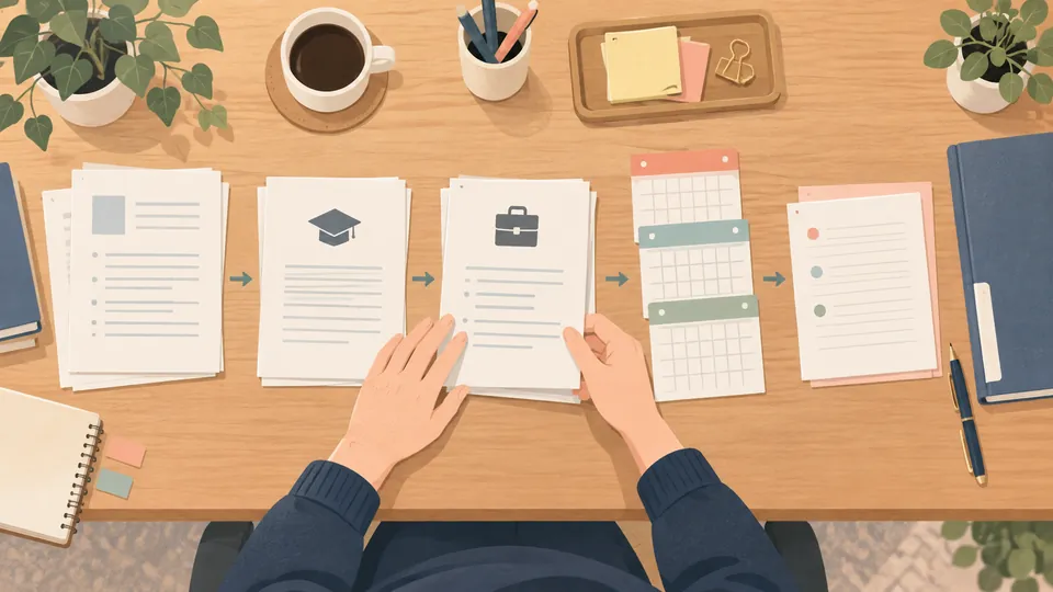 学歴と職歴の資料を机上で時系列に並べるイラスト