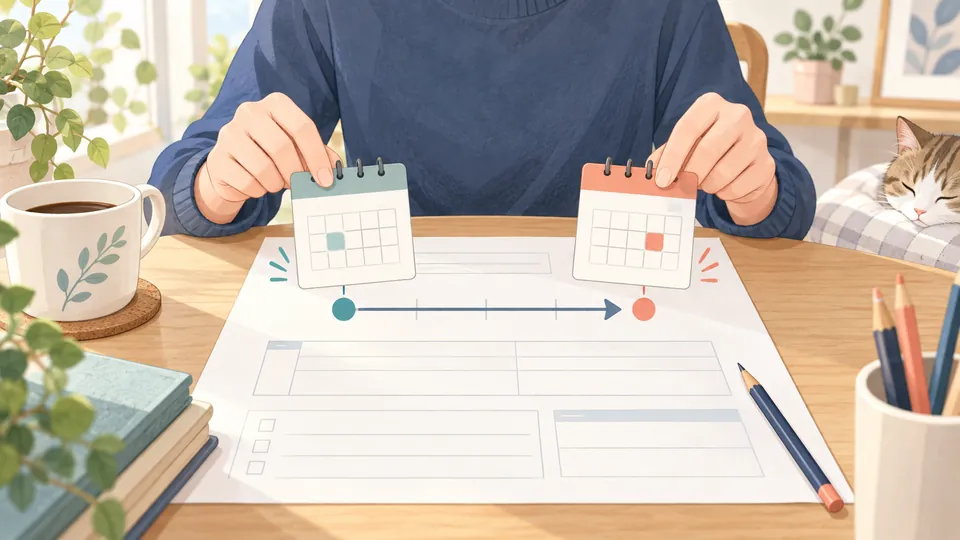 開始と終了の二つのカレンダーを見比べる人のイラスト