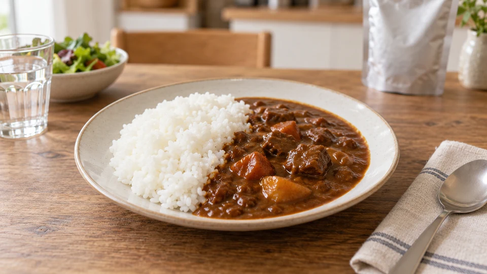 レトルトカレーと180gのご飯を並べて量を比べる食卓
