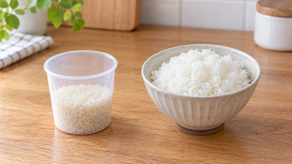 炊飯前の米0.5合と炊飯後のご飯180gの違いを示すイメージ