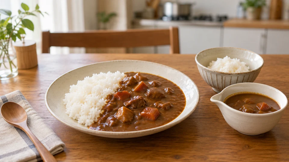 ご飯とレトルトカレーを少しずつ二段階で盛る様子