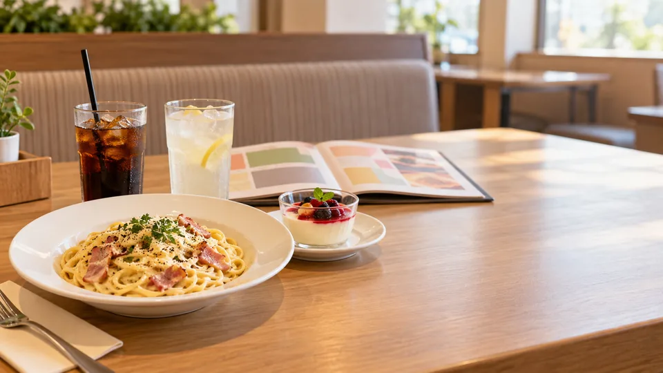 料理とデザートとドリンクが並ぶファミリーレストランのテーブル