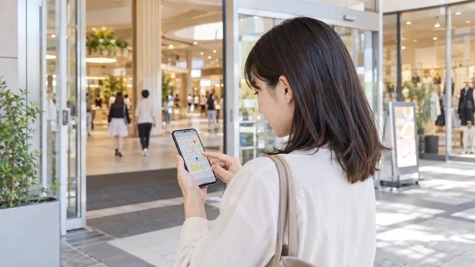 スマートフォンの地図で近くの店舗を探す買い物客