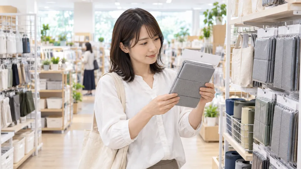100円ショップの売り場で折りたたみマットを確認する買い物客