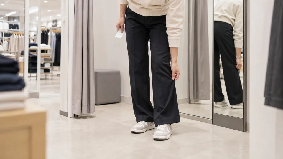 試着室でパンツの裾丈とお直し料金を確認する買い物客