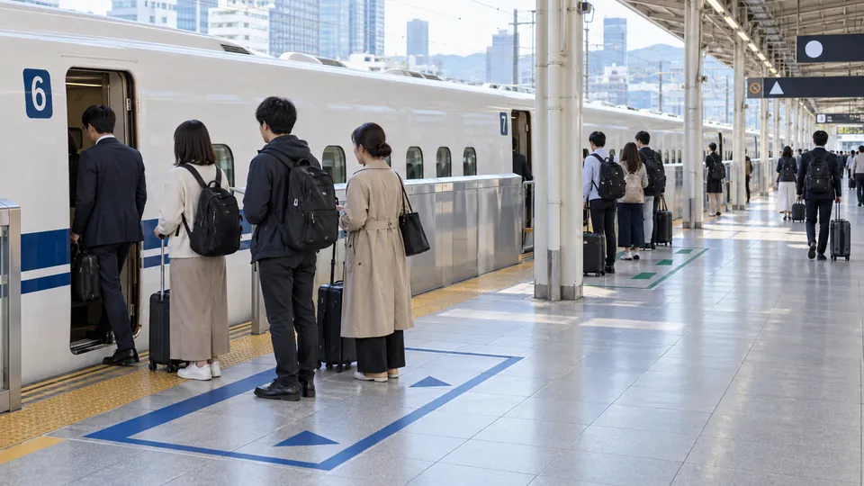 新幹線ホームの乗車位置で順番に並ぶ利用者