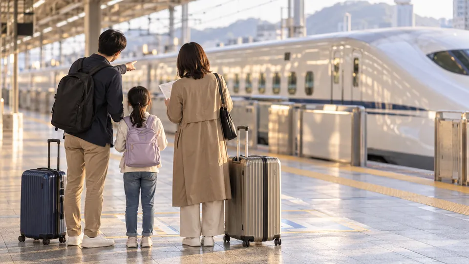 荷物を持って新幹線を利用する家族
