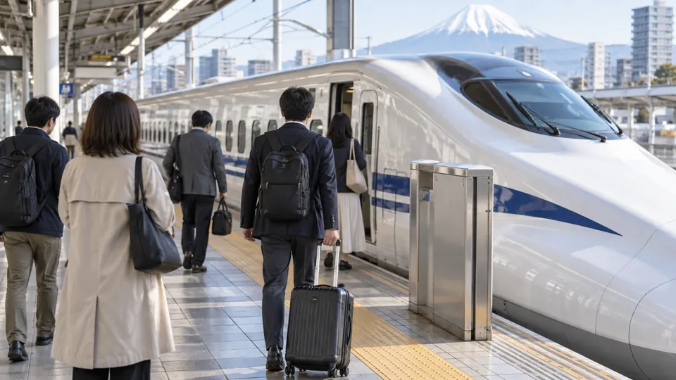 新幹線ホームで乗車を待つ旅行者