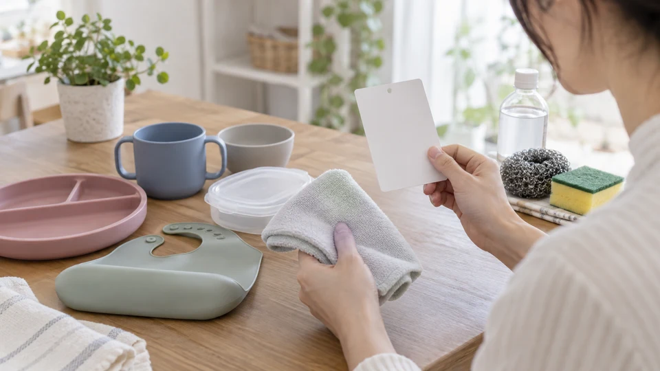 取扱表示を確認しながら強い洗剤を使うか止めるか判断する様子