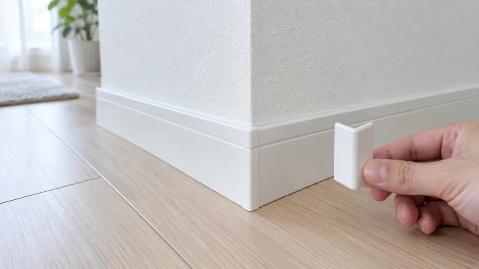 白い巾木の出隅と専用コーナーキャップを見比べる様子