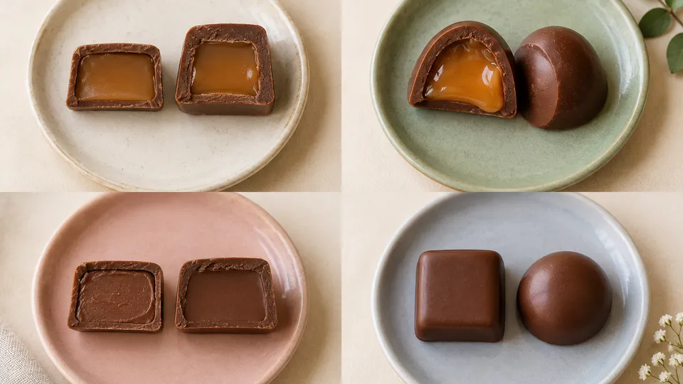 チョコの厚みと中心部と形を4つの皿で比べるイメージ