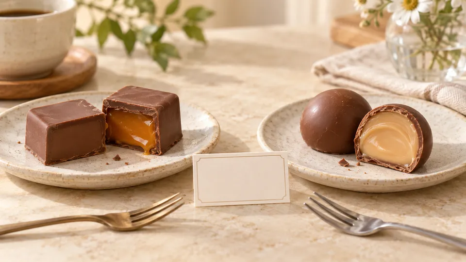 キャラメル入りの四角いチョコと丸いフィリングチョコを比べるイメージ