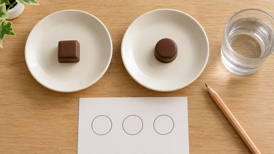 二種類のキャラメルチョコを少量ずつ食べ比べる準備